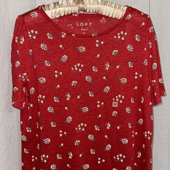 LOFT M Red Floral Linen Short Puff Sleeve Crew Tee Relaxed Fit - Picture 3 of 10